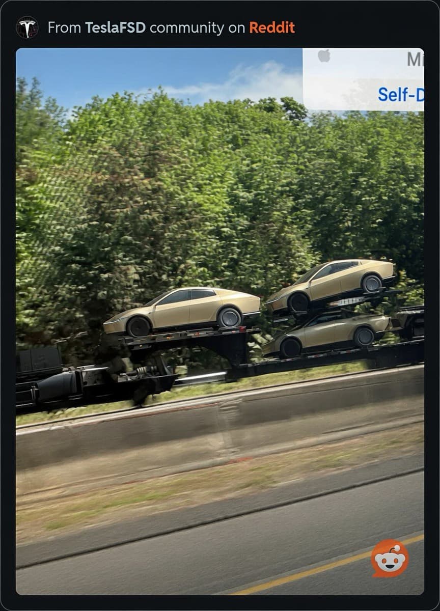 AI-enhanced version of the photo showing three Tesla Cybercabs on a transport truck on I-84